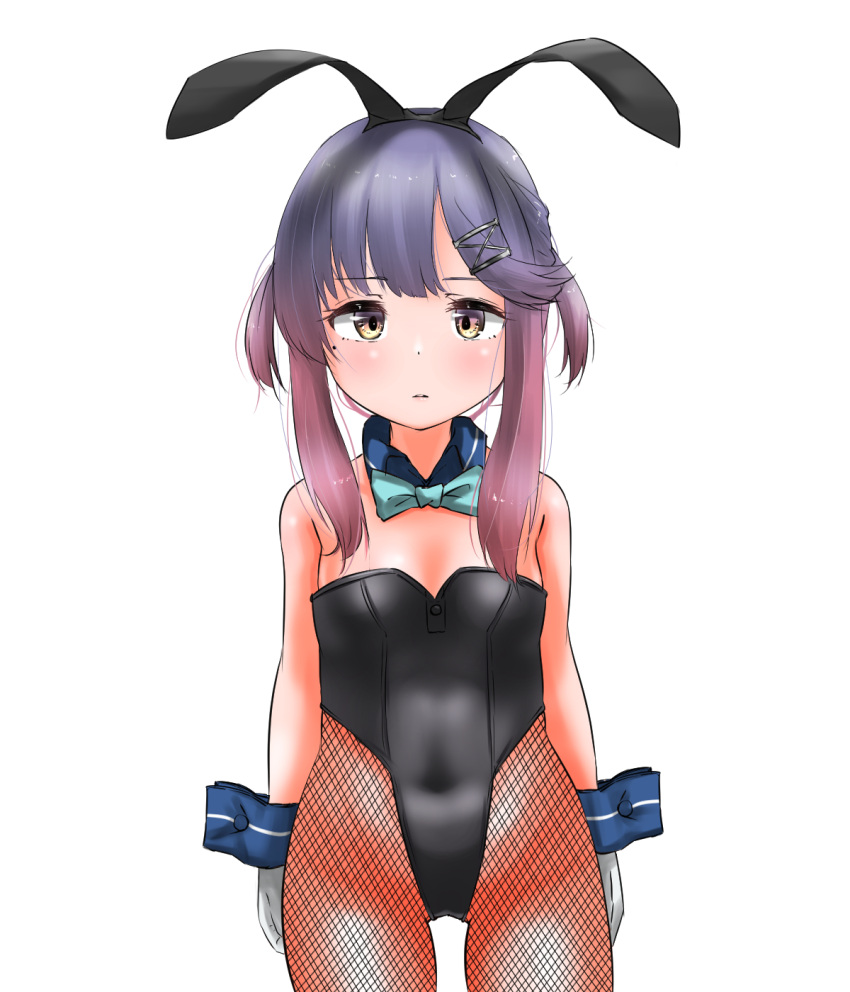 1girl alternate_costume animal_ears aqua_neckwear blush bow bowtie bunny_girl bunnysuit closed_mouth eyebrows_visible_through_hair fake_animal_ears gloves highres kantai_collection looking_at_viewer multicolored_hair pink_hair purple_hair rabbit_ears short_hair_with_long_locks simple_background solo tama_(seiga46239239) tsushima_(kantai_collection) white_background white_gloves yellow_eyes