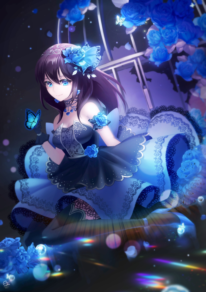 1girl absurdres arm_strap black_legwear blue_eyes blue_flower blue_footwear blue_skirt breasts brown_hair butterfly_on_hand cleavage earrings floating_hair flower hair_between_eyes hair_flower hair_ornament hatchi high_heels highres idolmaster idolmaster_cinderella_girls idolmaster_cinderella_girls_starlight_stage jewelry long_hair medium_breasts necklace pumps sagisawa_fumika shiny shiny_hair sitting skirt sleeves solo strapless thigh-highs