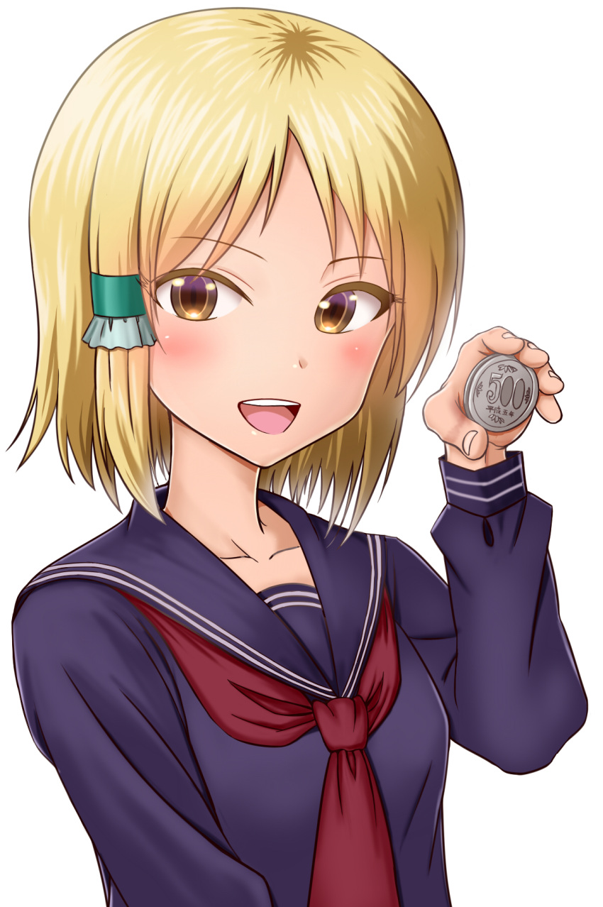1girl :d blonde_hair blush brown_eyes coin commentary_request eyebrows_visible_through_hair fingernails hair_ornament hand_up hidaka_koharu high_score_girl highres holding_money long_sleeves looking_at_viewer open_mouth parted_lips purple_sailor_collar purple_shirt red_neckwear sailor_collar school_uniform serafuku shirt simple_background smile solo taka_(takahirokun) upper_body upper_teeth white_background