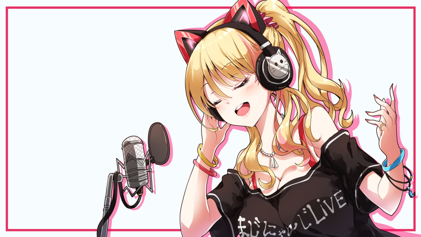 .live 1girl :d absurdres animal_ears bangle bare_shoulders black_shirt blonde_hair blush bracelet breasts cat_ears cleavage closed_eyes clothes_writing darjeeling_(reley) dutch_angle fake_animal_ears fingernails hand_on_headphones hands_up headphones high_ponytail highres jewelry large_breasts microphone multicolored_hair nail_polish off-shoulder_shirt open_mouth pink_hair ponytail red_nails round_teeth shirt short_sleeves smile solo streaked_hair teeth translation_request upper_teeth virtual_youtuber