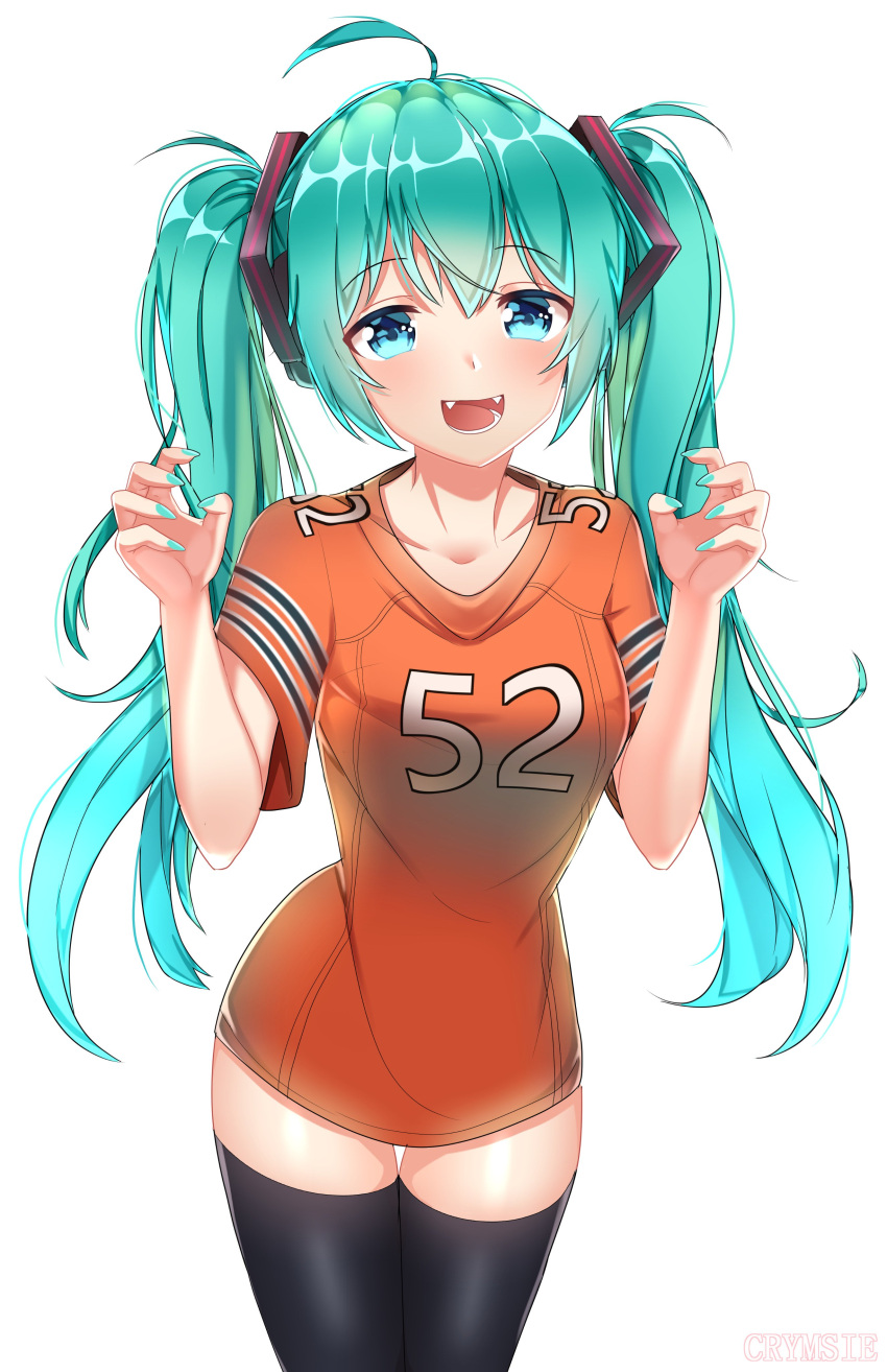 00s 1girl :d absurdres ahoge aqua_eyes aqua_hair aqua_nails black_legwear canine chicago_bears commentary commission english_commentary fangs football_uniform hatsune_miku highres long_hair looking_at_viewer matching_hair/eyes nail_polish national_football_league no_pants open_mouth rachel_bouvier sharp_teeth simple_background smile solo sportswear standing thigh-highs twintails very_long_hair vocaloid white_background zettai_ryouiki