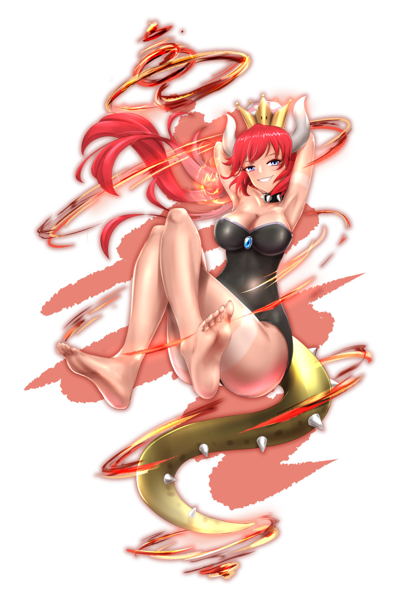 1girl absurdres armpits arms_behind_head arms_up bare_shoulders blue_eyes blush bowsette bracelet breasts cleavage collar crown dress earrings highres horns jewelry large_breasts long_hair looking_at_viewer super_mario_bros. nintendo p_ion pointy_ears ponytail red_eyes sharp_teeth shell solo spiked_bracelet spiked_collar spikes super_crown tail tan tanline teeth