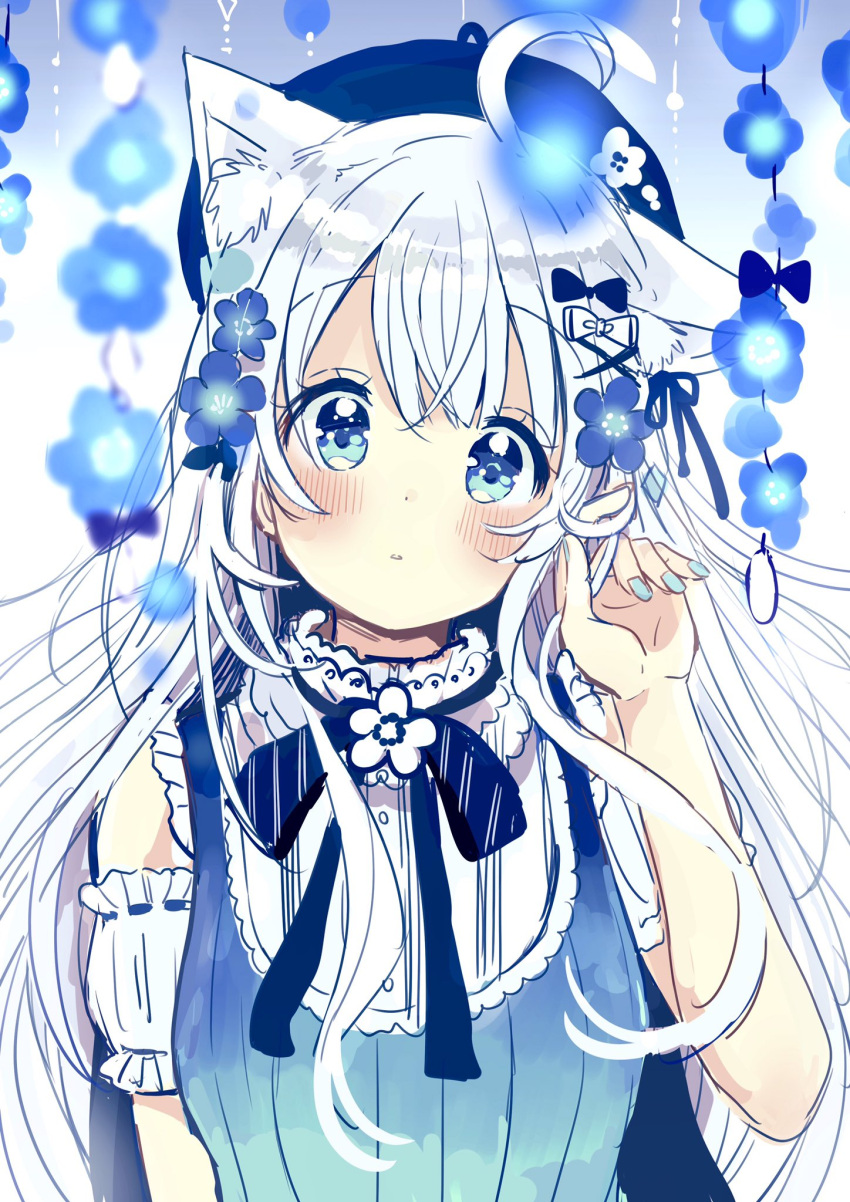 1girl ahoge animal_ear_fluff animal_ears bangs beret blue_eyes blue_flower blue_hat blue_nails blue_shirt blurry blurry_foreground blush bow cat_ears commentary_request depth_of_field detached_sleeves eyebrows_visible_through_hair fingernails flower hair_between_eyes hair_bow hair_flower hair_ornament hair_ribbon hand_up hat head_tilt highres long_hair looking_at_viewer nail_polish original parted_lips puffy_short_sleeves puffy_sleeves ribbon sakura_oriko shirt short_sleeves silver_hair simple_background sleeveless sleeveless_shirt solo very_long_hair white_background x_hair_ornament