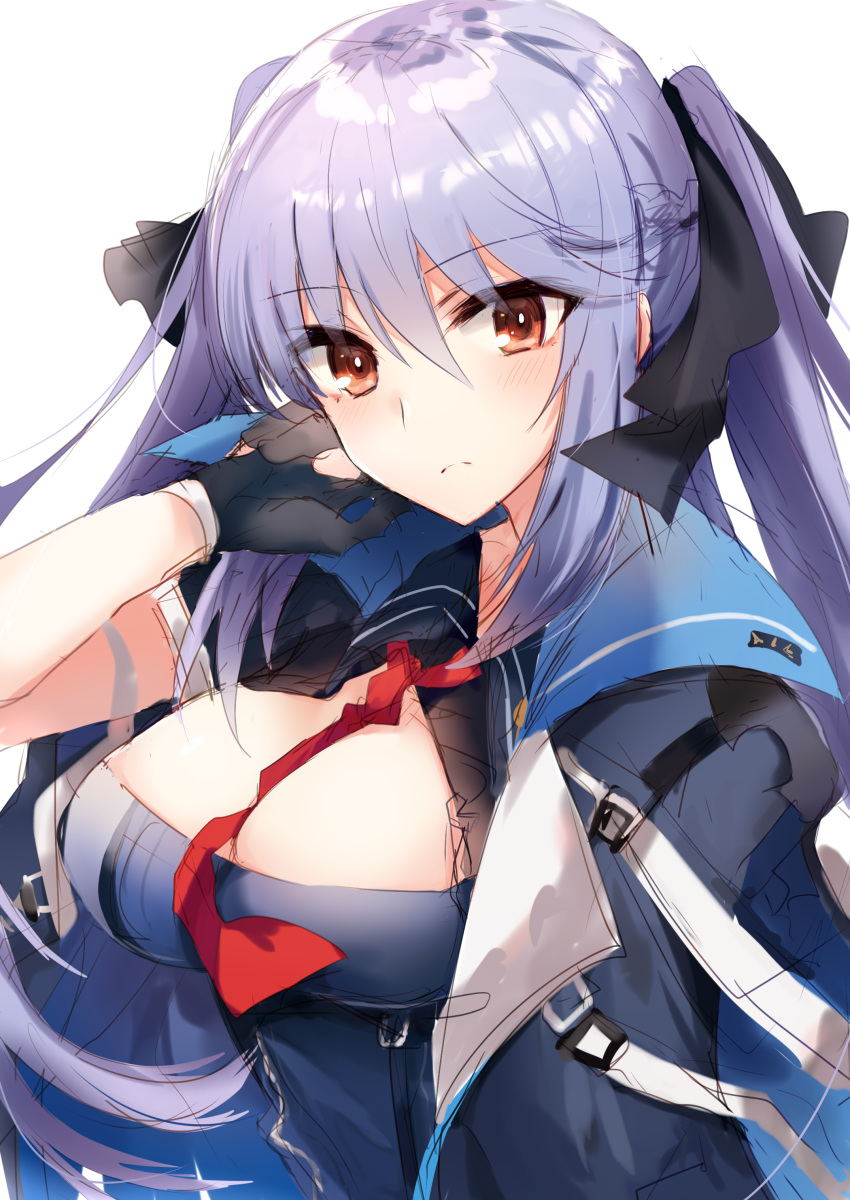 1girl absurdres azur_lane bangs black_gloves black_ribbon blue_cloak blue_dress blue_hair blush braid breasts cleavage cleavage_cutout collared_cloak collared_dress commentary_request dress essex_(azur_lane) eyebrows_visible_through_hair floating_hair french_braid gloves hair_ribbon hand_on_own_cheek highres kinona long_hair looking_at_viewer medium_breasts necktie partly_fingerless_gloves portrait red_neckwear ribbon sketch solo twintails white_background yellow_eyes