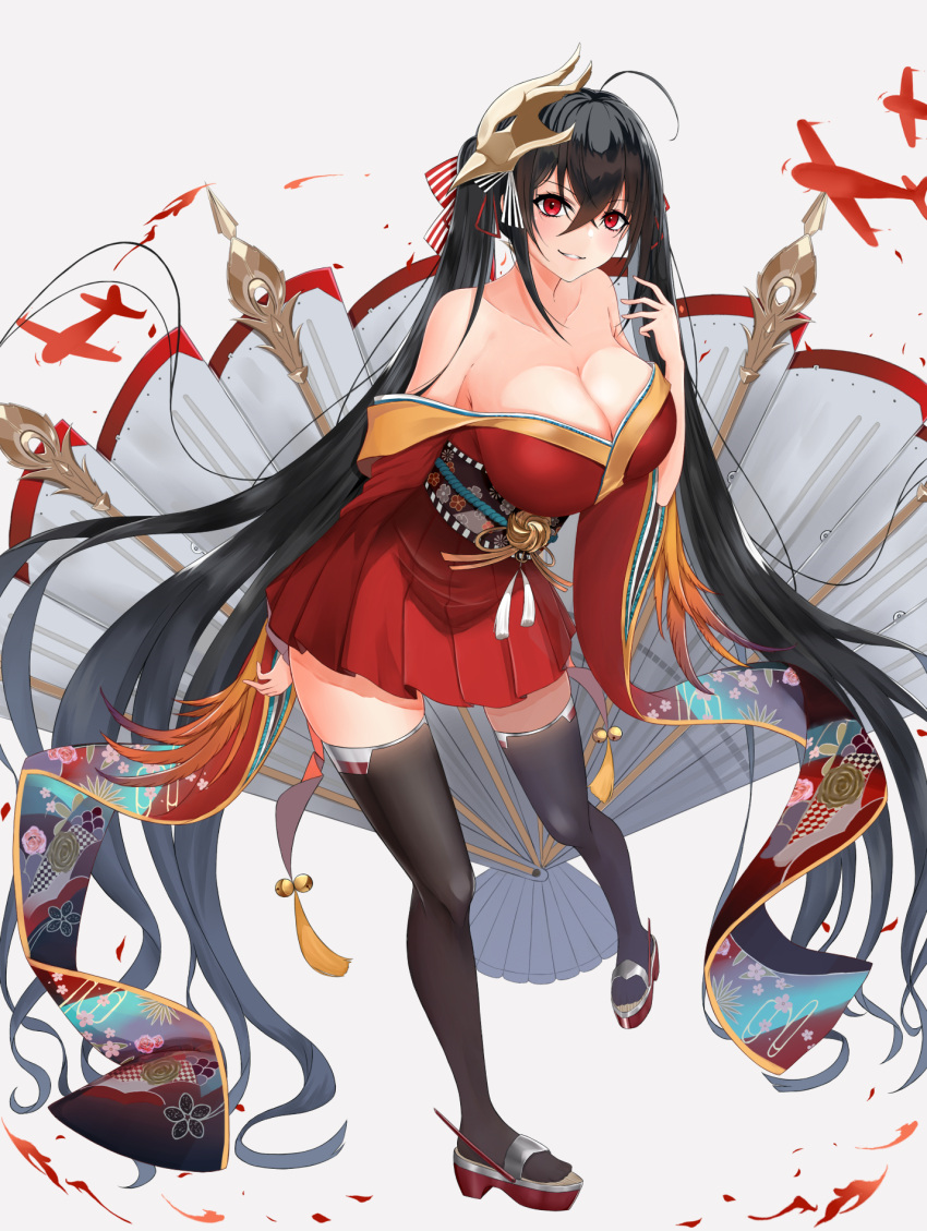 1girl ahoge aircraft airplane azur_lane bangs bare_shoulders black_hair black_legwear blush breasts cleavage collarbone crossed_bangs eyebrows_visible_through_hair fan feathers folding_fan full_body grey_background hair_between_eyes hair_ornament hair_ribbon hand_up highres huge_breasts japanese_clothes kimono large_breasts long_hair looking_at_viewer mask mask_on_head mentai_mayo obi parted_lips red_eyes red_kimono red_ribbon ribbon rigging rudder_shoes sash sidelocks simple_background smile solo striped striped_ribbon taihou_(azur_lane) very_long_hair wide_sleeves