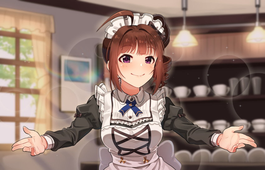 1girl ahoge blush breasts brown_hair closed_mouth cup curtains day drill_hair eyebrows_visible_through_hair idolmaster idolmaster_million_live! idolmaster_million_live!_theater_days indoors kamille_(vcx68) large_breasts lens_flare long_sleeves looking_at_viewer maid maid_headdress plate short_hair side_drill smile solo violet_eyes window yokoyama_nao