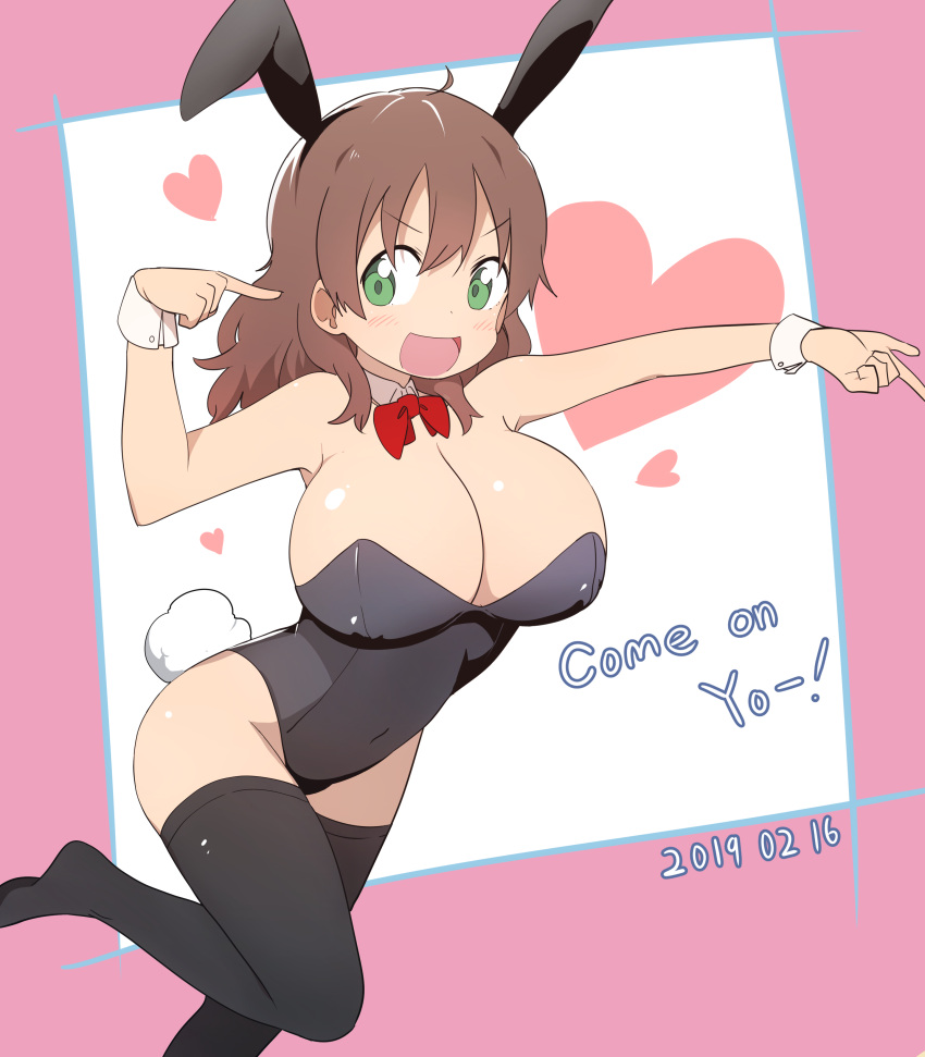 1girl :d absurdres animal_ears black_legwear bow bowtie breasts brown_hair bunny_tail bunnysuit bural_chingu dated detached_collar english_text eyebrows_visible_through_hair green_eyes hair_between_eyes ham_na-bi heart highres huge_breasts long_hair looking_at_viewer luke_(dydansgur) open_mouth pointing rabbit_ears smile solo tail thigh-highs wrist_cuffs