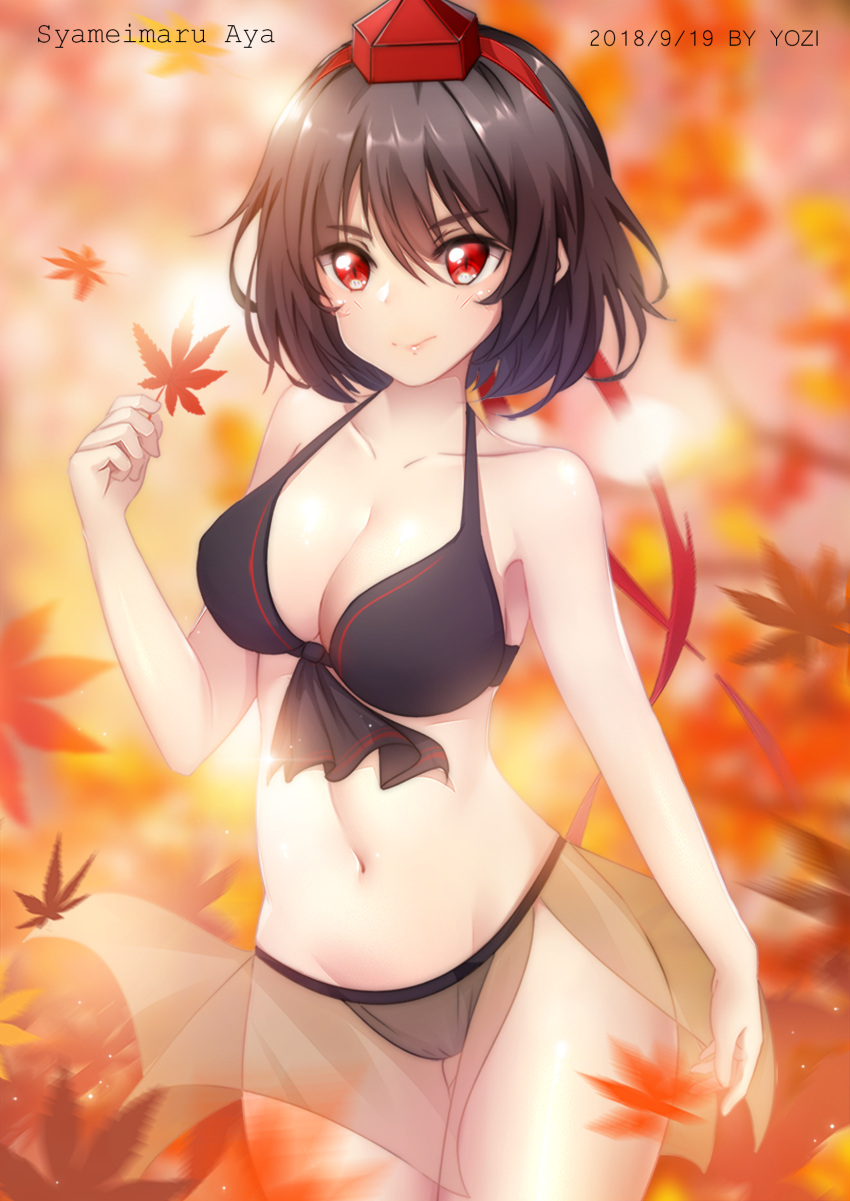 1girl artist_name ass_visible_through_thighs autumn_leaves bangs bare_arms bare_shoulders bikini black_bikini black_hair blurry blurry_background breasts character_name chinese_commentary cleavage collarbone commentary_request cowboy_shot dated eyebrows_visible_through_hair front-tie_bikini front-tie_top groin hair_between_eyes halterneck hand_up hat highres holding holding_leaf large_breasts leaf lips looking_at_viewer navel red_eyes sarong see-through shameimaru_aya shiny short_hair solo standing stomach swimsuit tassel thighs tokin_hat touhou yozi