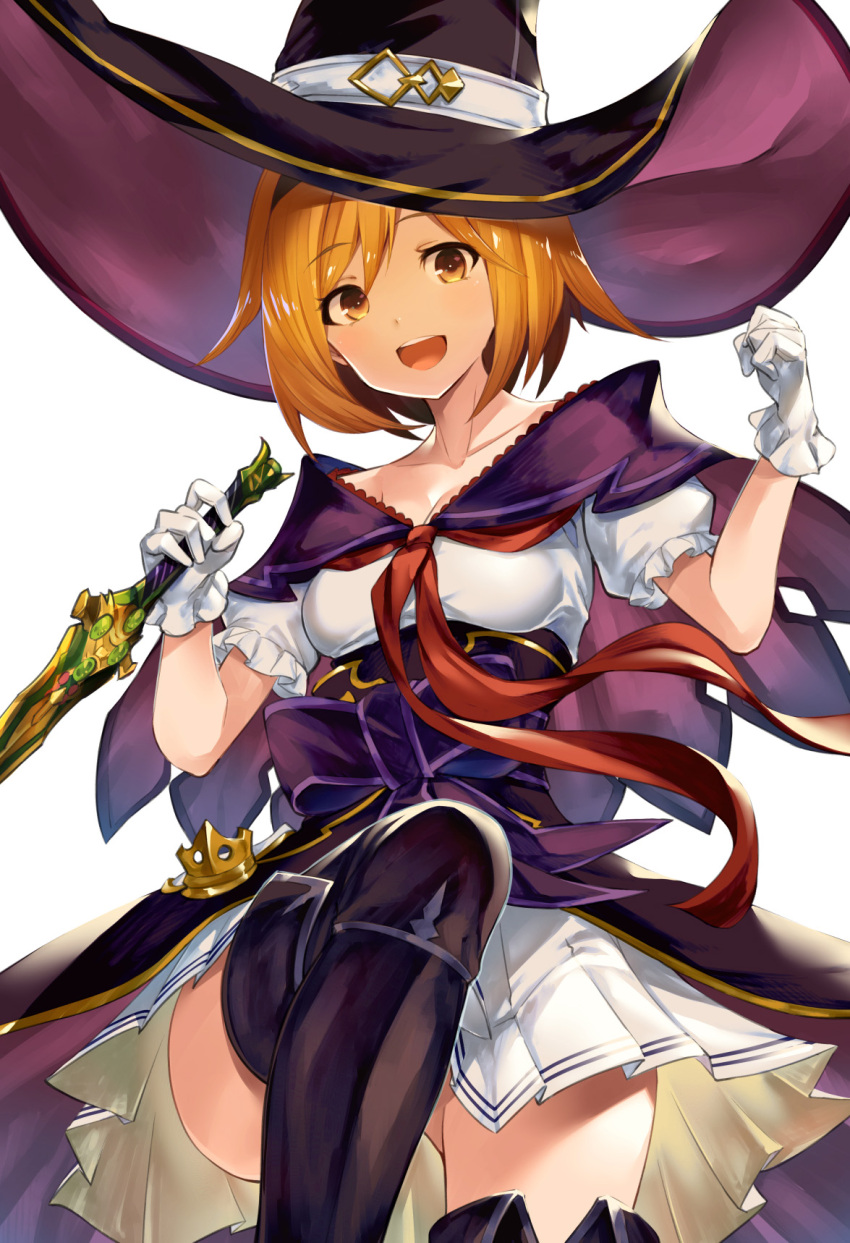 1girl :d akanagi_youto bangs black_footwear black_hat blonde_hair boots breasts cleavage collarbone commentary_request convenient_leg cowboy_shot dagger djeeta_(granblue_fantasy) eyebrows_visible_through_hair gloves gluteal_fold granblue_fantasy hair_between_eyes hands_up hat highres holding holding_dagger holding_weapon knee_up looking_at_viewer miniskirt open_mouth pleated_skirt puffy_short_sleeves puffy_sleeves shirt short_sleeves simple_background skirt smile solo thigh-highs thigh_boots weapon white_background white_gloves white_shirt white_skirt witch_hat yellow_eyes