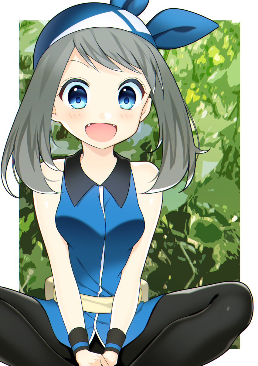 1girl :d absurdres bangs between_legs black_legwear blue_bandana blue_eyes blue_jacket creatures_(company) fangs game_freak grey_hair hand_between_legs highres indian_style jacket long_hair nintendo odamaki_sapphire open_mouth pants pokemon pokemon_special sitting skin_tight sleeveless_jacket smile solo swept_bangs twintails wristband yuihiko