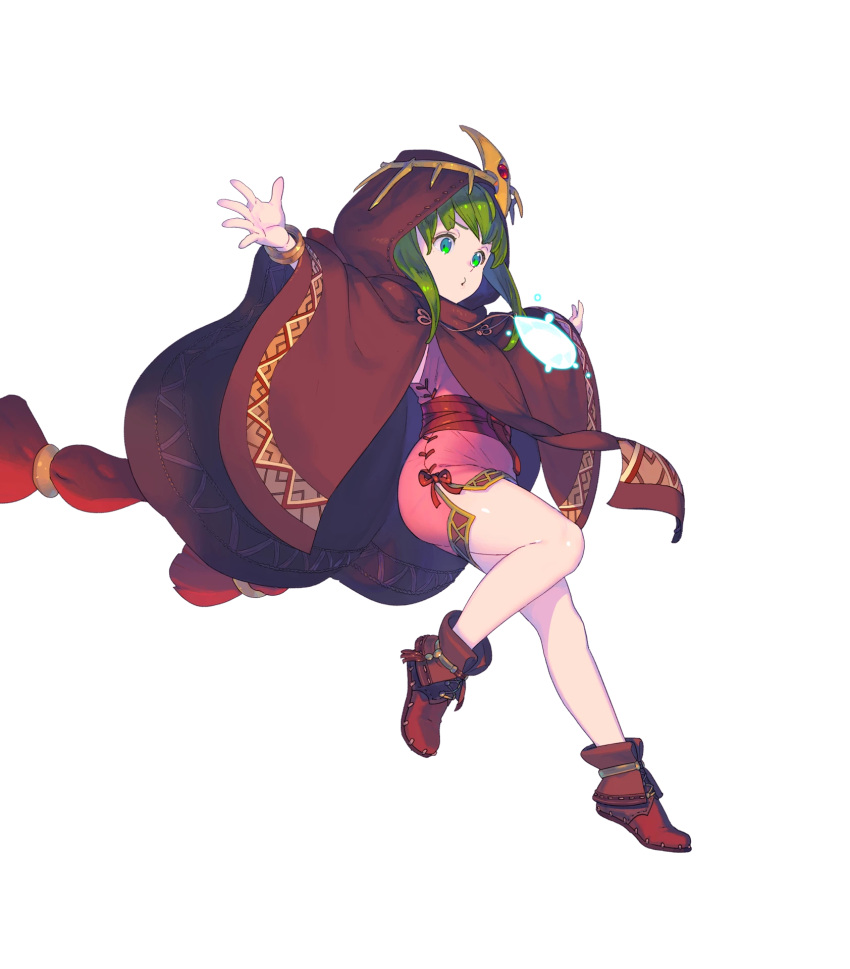 1girl bangs bracelet brown_footwear cape chiki dress eyebrows_visible_through_hair fire_emblem fire_emblem:_mystery_of_the_emblem fire_emblem_heroes full_body glowing green_eyes green_hair highres hood hood_up jewelry leg_up mamkute nagisa_kurousagi nintendo official_art outstretched_arms pink_dress pink_legwear pointy_ears shiny shiny_hair shiny_skin sidelocks solo spread_arms stone tiara transparent_background