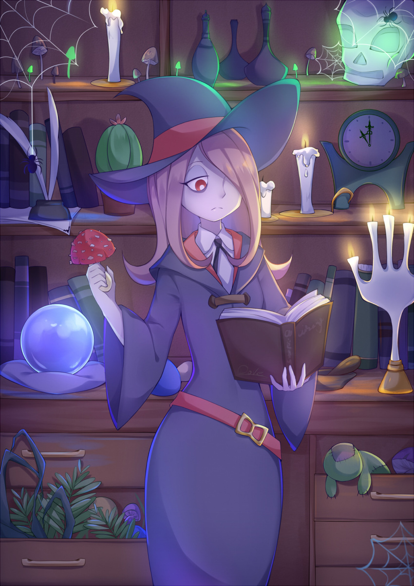 1girl artist_name book bug candle clock crystal_ball desk doll drawer expressionless flower_pot glowing hair_over_one_eye hat highres holding holding_book holding_mushroom ink ink_bottle little_witch_academia long_hair long_sleeves luna_nova_school_uniform mushroom okami_hiro open_book open_drawer paper pillow pink_hair pixiv_username plant quill reading red_eyes robe shelf signature silk skull solo spider spider_web stitches sucy_manbavaran vase wax witch witch_hat