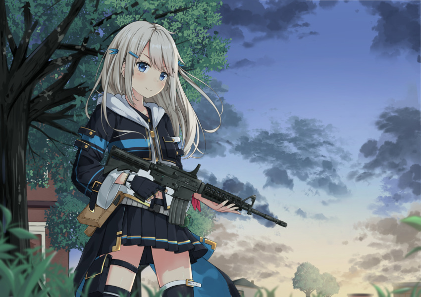 1girl assault_rifle bangs black_gloves black_jacket black_legwear black_skirt blue_eyes blue_sky blurry blurry_foreground blush closed_mouth clouds cloudy_sky cropped_jacket day depth_of_field eyebrows_visible_through_hair finger_on_trigger fingerless_gloves girls_frontline gloves gun hair_between_eyes holding holding_gun holding_weapon hood hood_down hooded_jacket house jacket light_brown_hair long_hair long_sleeves looking_at_viewer m4_carbine m4a1_(girls_frontline) miko_fly object_namesake outdoors pleated_skirt rifle shirt skirt sky smile solo standing thigh-highs tree weapon white_shirt