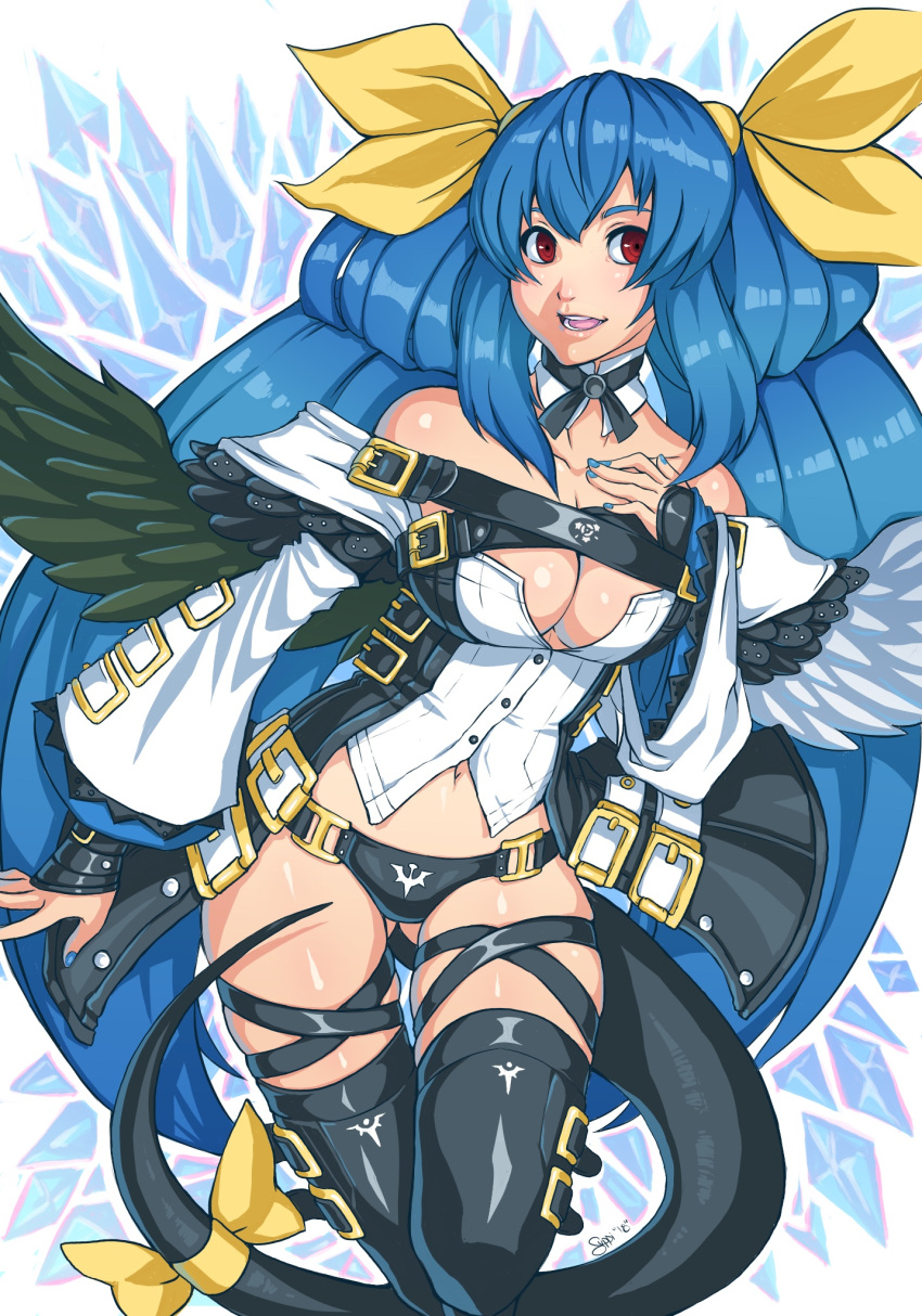 1girl ass_visible_through_thighs asymmetrical_wings bangs bare_shoulders belt belt_buckle black_legwear black_panties blue_hair blue_nails bow breasts buckle chest_strap choker cleavage collarbone detached_sleeves dizzy guilty_gear hair_ribbon hand_on_own_chest highres its_just_suppi large_breasts long_hair multiple_belts nail_polish open_mouth panties pirate red_eyes ribbon skindentation solo tail tail_bow tail_ribbon thigh-highs thigh_strap twintails underwear very_long_hair wide_sleeves wings yellow_bow yellow_ribbon