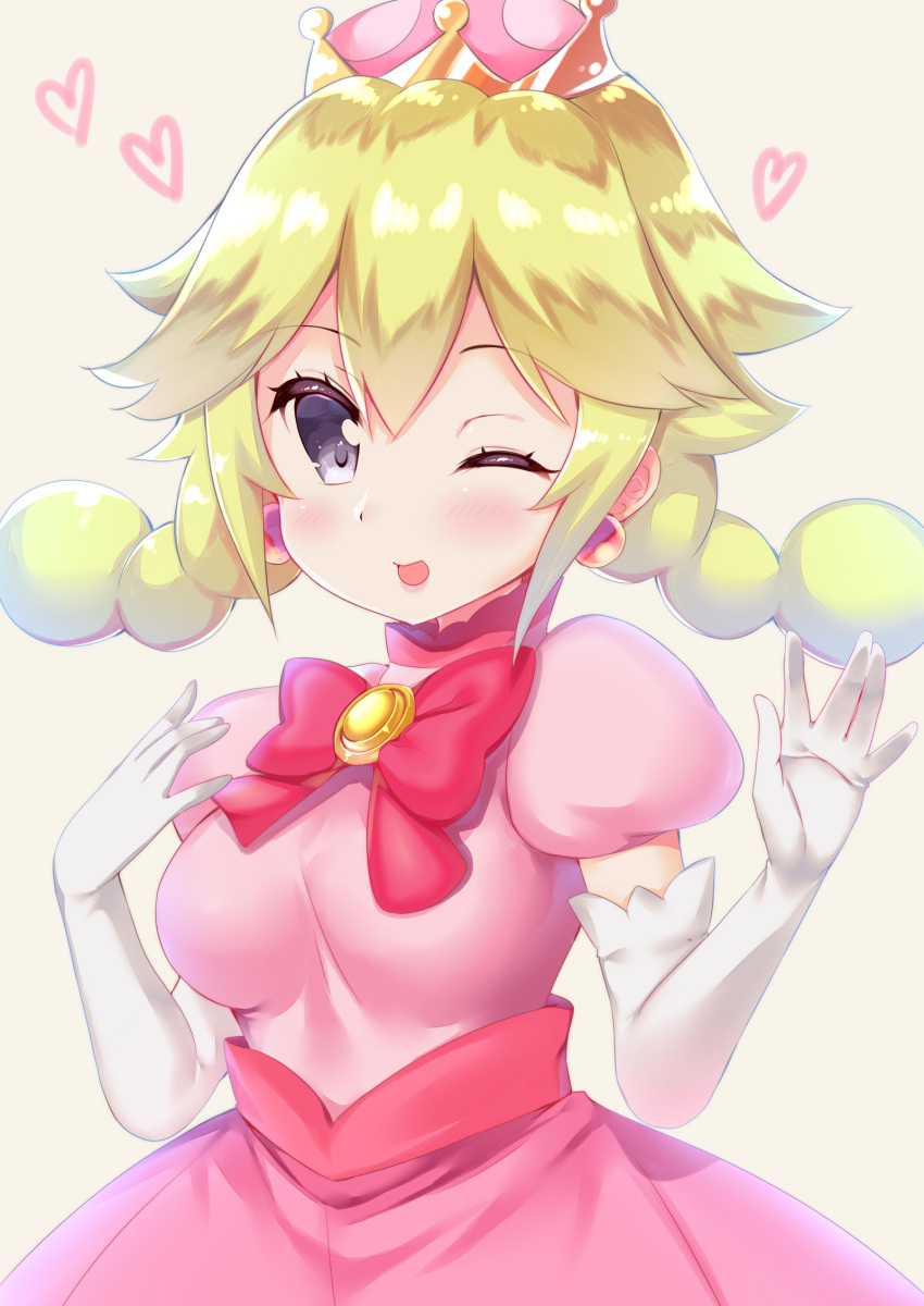1girl ;d bangs blonde_hair blush bow breasts brown_background commentary_request crown dress elbow_gloves eyebrows_visible_through_hair gloves hair_between_eyes hands_up heart highres ko_yu long_hair looking_at_viewer super_mario_bros. medium_breasts mini_crown new_super_mario_bros._u_deluxe nintendo one_eye_closed open_mouth peachette pink_dress puffy_short_sleeves puffy_sleeves red_bow short_sleeves simple_background smile solo super_crown twintails violet_eyes white_gloves