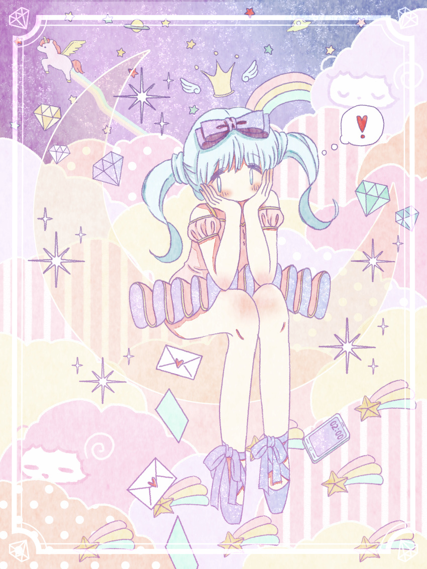 ! 1girl absurdres aqua_eyes aqua_hair bare_legs blush bow clock closed_eyes clouds crown crystal diamond digital_clock envelope eyebrows_visible_through_hair flying_saucer hair_bow head_rest heart highres invisible_chair letter long_hair looking_at_viewer no_mouth no_nose noeru_(noellemonade) original phone plant polka_dot purple_bow purple_footwear rainbow saturn sheep sitting sky solo space_craft sparkle spiral star star_(sky) starry_sky striped thought_bubble time twintails ufo unicorn wings