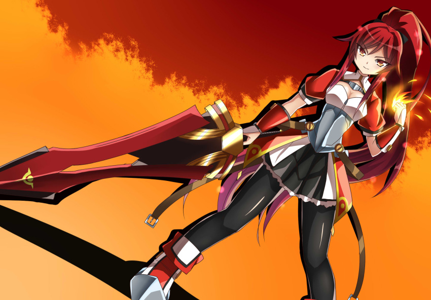 1girl alice360 alternate_costume armor elesis_(elsword) elsword eyebrows_visible_through_hair fire flame highres holding holding_weapon ponytail redhead simple_background smile standing sword weapon