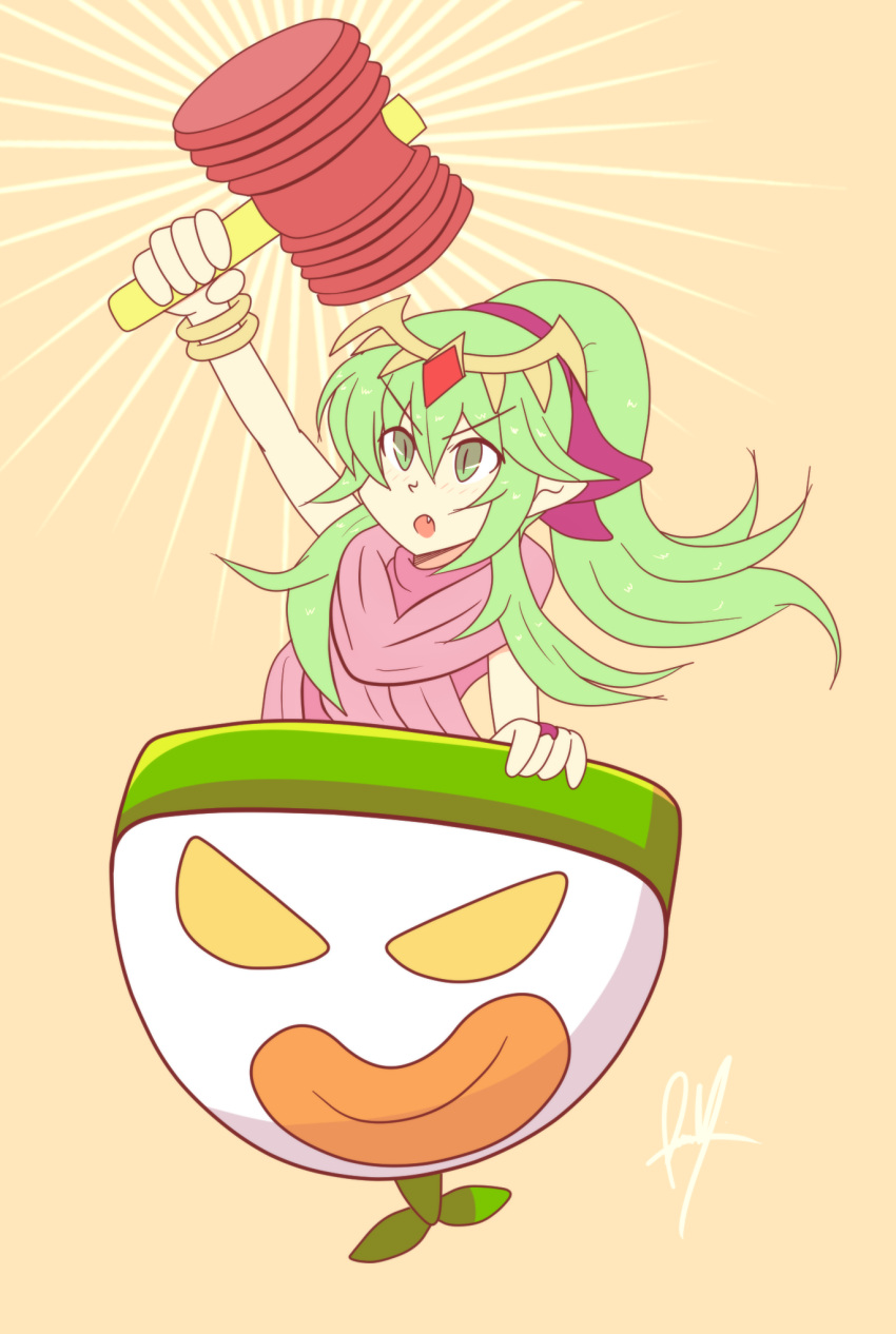 1girl blush cape chiki crossover dress fire_emblem fire_emblem:_mystery_of_the_emblem green_eyes green_hair hair_ornament hammer highres long_hair mamkute super_mario_bros. nintendo open_mouth pointy_ears ponytail raydango solo super_smash_bros. tiara