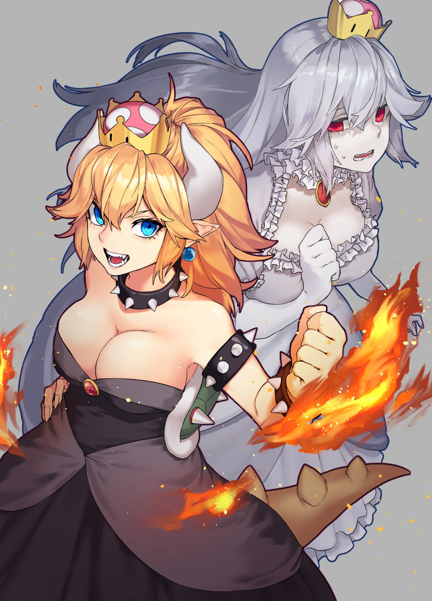 2girls absurdres armlet black_dress blonde_hair borrowed_design bowser bowsette bracelet breasts cleavage clenched_hand collar crown dress earrings fire frilled_dress frilled_gloves frills from_above genderswap genderswap_(mtf) gloves grey_background highres horns jewelry large_breasts long_hair luigi's_mansion super_mario_bros. mini_crown multiple_girls necklace new_super_mario_bros._u_deluxe nintendo open_mouth parted_lips pointy_ears ponytail princess_king_boo puffy_short_sleeves puffy_sleeves red_eyes reiga_(act000) sharp_teeth short_sleeves spiked_armlet spiked_bracelet spiked_collar spiked_shell spiked_tail spikes strapless strapless_dress super_crown super_mario_bros. sweatdrop tail teeth tilted_headwear transformation turtle_shell white_dress white_gloves white_hair
