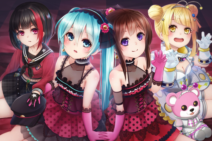 +_+ 4girls :d antennae bang_dream! bangs bare_shoulders black_gloves black_hair black_hairband black_hat black_neckwear black_sailor_collar blonde_hair blue_eyes blue_hair blush breasts brown_eyes brown_hair checkered cleavage closed_mouth collarbone commentary_request diagonal_bangs double_bun dress earrings elbow_gloves eyebrows_visible_through_hair flower gloves grey_hairband hair_between_eyes hair_ornament hairband halter_dress hand_holding hands_up hat hat_removed hatsune_miku head_tilt headwear_removed heart hot_kakigoori interlocked_fingers jewelry lace lace-trimmed_hairband lace_trim long_hair looking_at_viewer medium_breasts mitake_ran multicolored_hair multiple_girls neckerchief open_mouth parted_lips peaked_cap pink_background pink_gloves planet_hair_ornament polka_dot polka_dot_dress polka_dot_hairband red_dress red_flower red_rose red_shirt redhead rose round_teeth sailor_collar school_uniform see-through serafuku shirt short_shorts shorts side_bun sidelocks sitting sleeveless sleeveless_dress small_breasts smile star star_hair_ornament streaked_hair striped striped_hairband stuffed_animal stuffed_toy teddy_bear teeth toyama_kasumi tsurumaki_kokoro twintails upper_teeth v-shaped_eyebrows violet_eyes white_gloves white_shorts