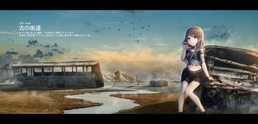 1girl absurdres akky_(akimi1127) animal bag bangs bird black_shirt black_skirt blue_eyes blue_jacket blue_sky brown_hair bus car closed_mouth clouds day english eyebrows_visible_through_hair ground_vehicle hand_up highres jacket lake long_hair midriff motor_vehicle mountain mountainous_horizon navel off-shoulder_shirt open_clothes open_jacket original outdoors pleated_skirt road_sign rust scenery see-through shirt short_sleeves shoulder_bag sign skirt sky solo translation_request water wreckage