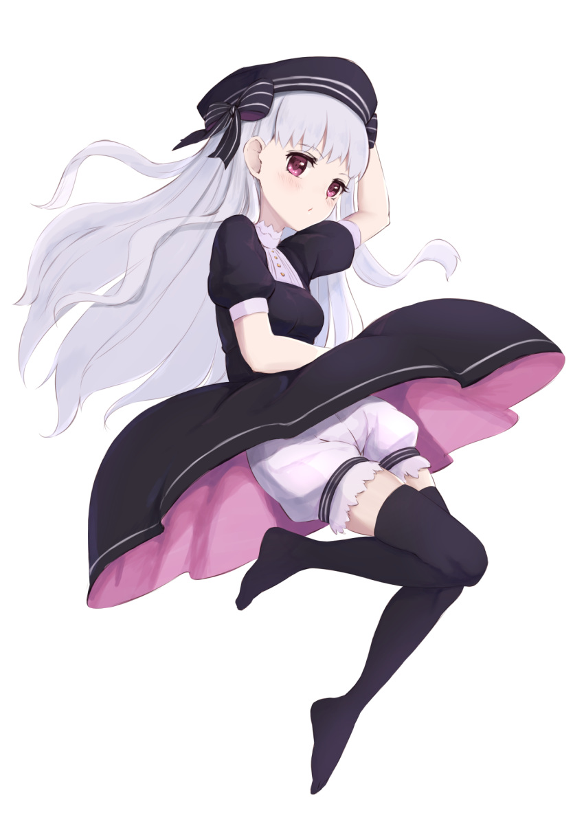 1girl arm_up bangs beret black_bow black_dress black_hat black_legwear bloomers blush bow breasts closed_mouth commentary_request dress eyebrows_visible_through_hair fate/extra fate_(series) floating_hair full_body hair_bow hat highres jilu long_hair looking_at_viewer no_shoes nursery_rhyme_(fate/extra) puffy_short_sleeves puffy_sleeves red_eyes short_sleeves silver_hair simple_background small_breasts solo striped striped_bow thigh-highs underwear very_long_hair white_background white_bloomers