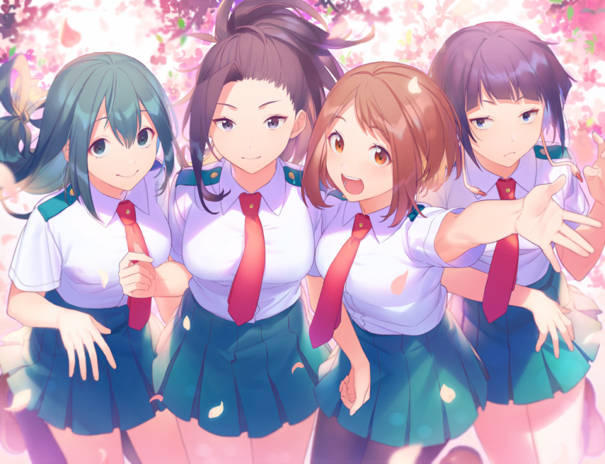 4girls asui_tsuyu blue_eyes blush boku_no_hero_academia breasts brown_eyes brown_hair character_request closed_mouth collared_shirt eyebrows_visible_through_hair green_eyes green_hair green_skirt heiwa_(murasiho) jirou_kyouka large_breasts long_hair looking_at_viewer multiple_girls necktie open_mouth red_neckwear shirt short_hair short_sleeves skirt smile uraraka_ochako white_shirt yaoyorozu_momo