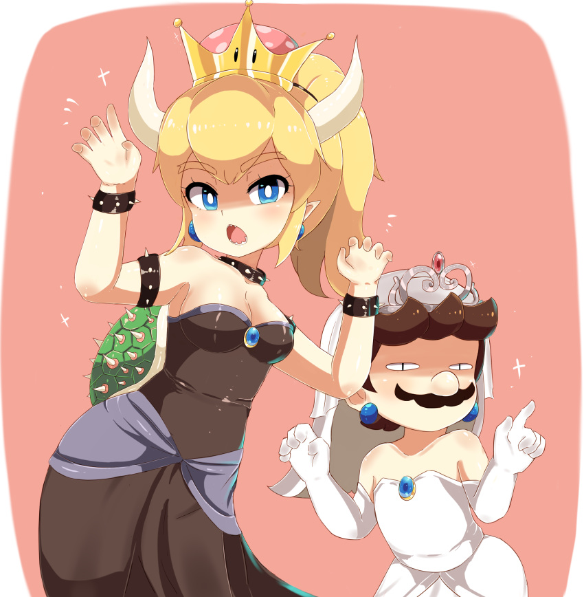 1boy 1girl arms_up bare_shoulders black_dress blonde_hair blue_eyes blush bowsette bracelet breasts bridal_veil brooch brown_hair claw_pose collar collarbone commentary crossdressinging dress earrings edge-mokku elbow_gloves english_commentary facial_hair gloves highres horizontal_pupils horns jewelry long_ponytail looking_at_viewer mario super_mario_bros. mustache new_super_mario_bros._u_deluxe nintendo open_mouth pointy_ears shaded_face sharp_teeth short_hair sleeveless sleeveless_dress sparkle spiked_armlet spiked_bracelet spiked_collar spiked_shell spikes strapless strapless_dress super_crown super_mario_bros. teeth thick_eyebrows tiara turtle_shell veil white_dress white_gloves white_pupils