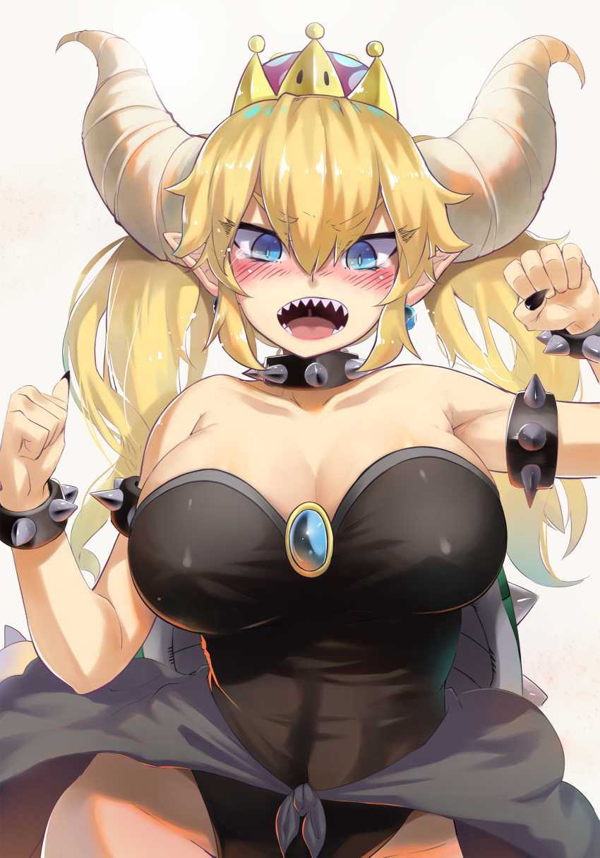 1girl absurdres armlet bangs bare_shoulders black_collar black_leotard black_nails blonde_hair blue_eyes blush bowsette bracelet breasts bright_pupils brooch cleavage collar crown eyebrows_visible_through_hair fingernails genderswap genderswap_(mtf) hair_between_eyes highleg highleg_leotard highres horns jewelry large_breasts leotard long_hair looking_at_viewer super_mario_bros. nail_polish new_super_mario_bros._u_deluxe nintendo nose_blush open_mouth pointy_ears sharp_fingernails sharp_teeth simple_background solo spiked_armlet spiked_bracelet spiked_collar spikes strapless strapless_leotard super_crown super_mario_bros. tears teeth torieto twintails v-shaped_eyebrows white_background white_pupils