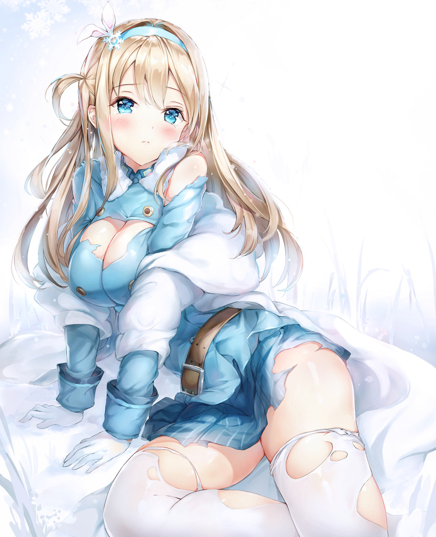1girl arm_support bangs belt blonde_hair blue_eyes blue_jacket blue_shirt blue_skirt blush breasts buckle cleavage closed_mouth collared_shirt damaged day eyebrows_visible_through_hair fur-trimmed_jacket fur_trim girls_frontline gloves hair_between_eyes hair_ornament hairband highres jacket long_hair long_sleeves looking_at_viewer medium_breasts narae outdoors shirt sidelocks skindentation skirt snow snowflake_hair_ornament snowflakes snowing solo suomi_kp31_(girls_frontline) tearing_up thigh-highs thighs torn_clothes torn_jacket torn_thighhighs white_gloves white_legwear