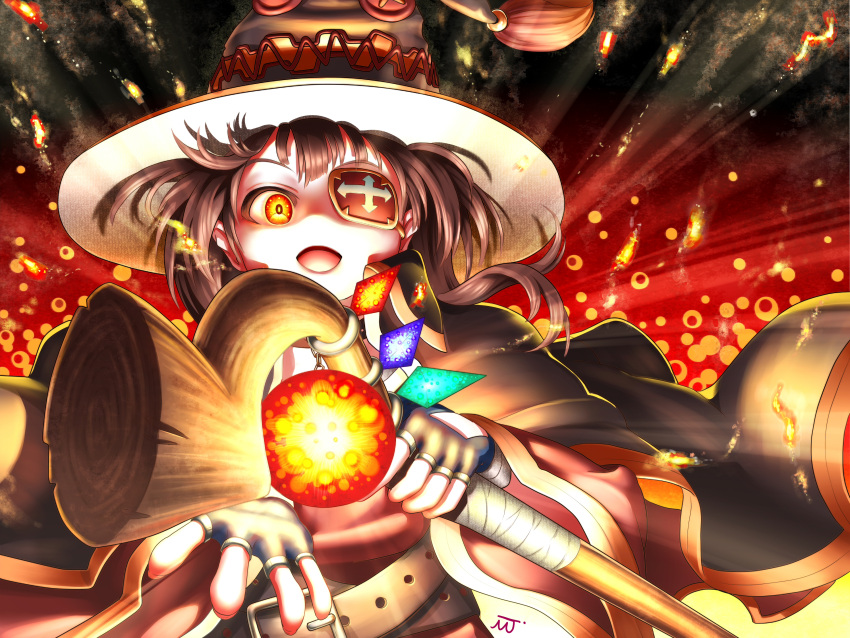 1girl absurdres belt black_gloves black_hair cape dress eyepatch fingerless_gloves gloves hat highres holding holding_staff kono_subarashii_sekai_ni_shukufuku_wo! long_sleeves looking_at_viewer magic megumin murasakijazi open_mouth red_eyes short_hair solo staff standing witch_hat