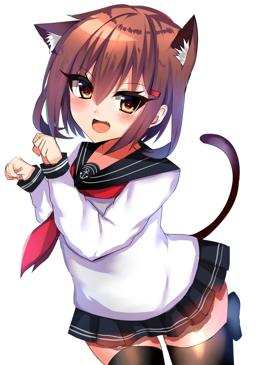 1girl animal_ears black_legwear black_skirt blush brown_hair cat_ears cat_tail eyebrows_visible_through_hair hair_between_eyes hair_ornament hairclip highres ikazuchi_(kantai_collection) kantai_collection long_sleeves looking_at_viewer miniskirt neckerchief open_mouth paw_pose red_neckwear ricroot school_uniform short_hair simple_background skirt smile solo tail thigh-highs white_background