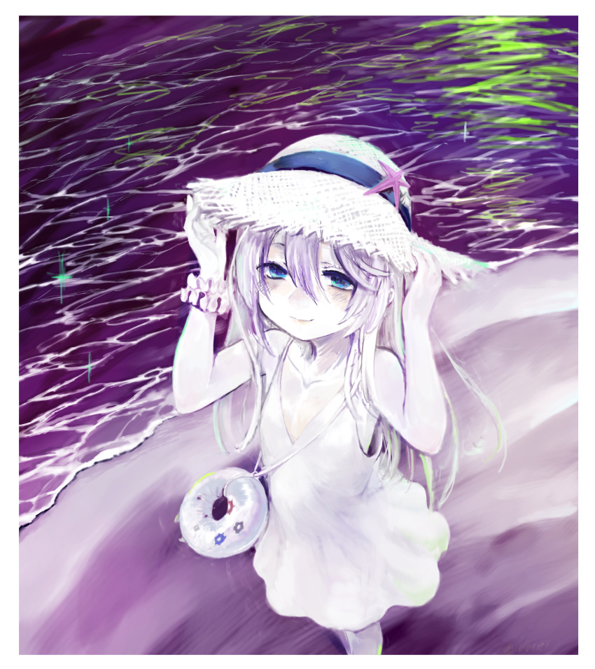 1girl beach blue_eyes blush closed_mouth dress enemy_lifebuoy_(kantai_collection) eyebrows_visible_through_hair hair_between_eyes hat highres kantai_collection long_hair looking_at_viewer looking_up ocean pale_skin smile solo sowamame straw_hat submarine_new_hime white_dress white_hair