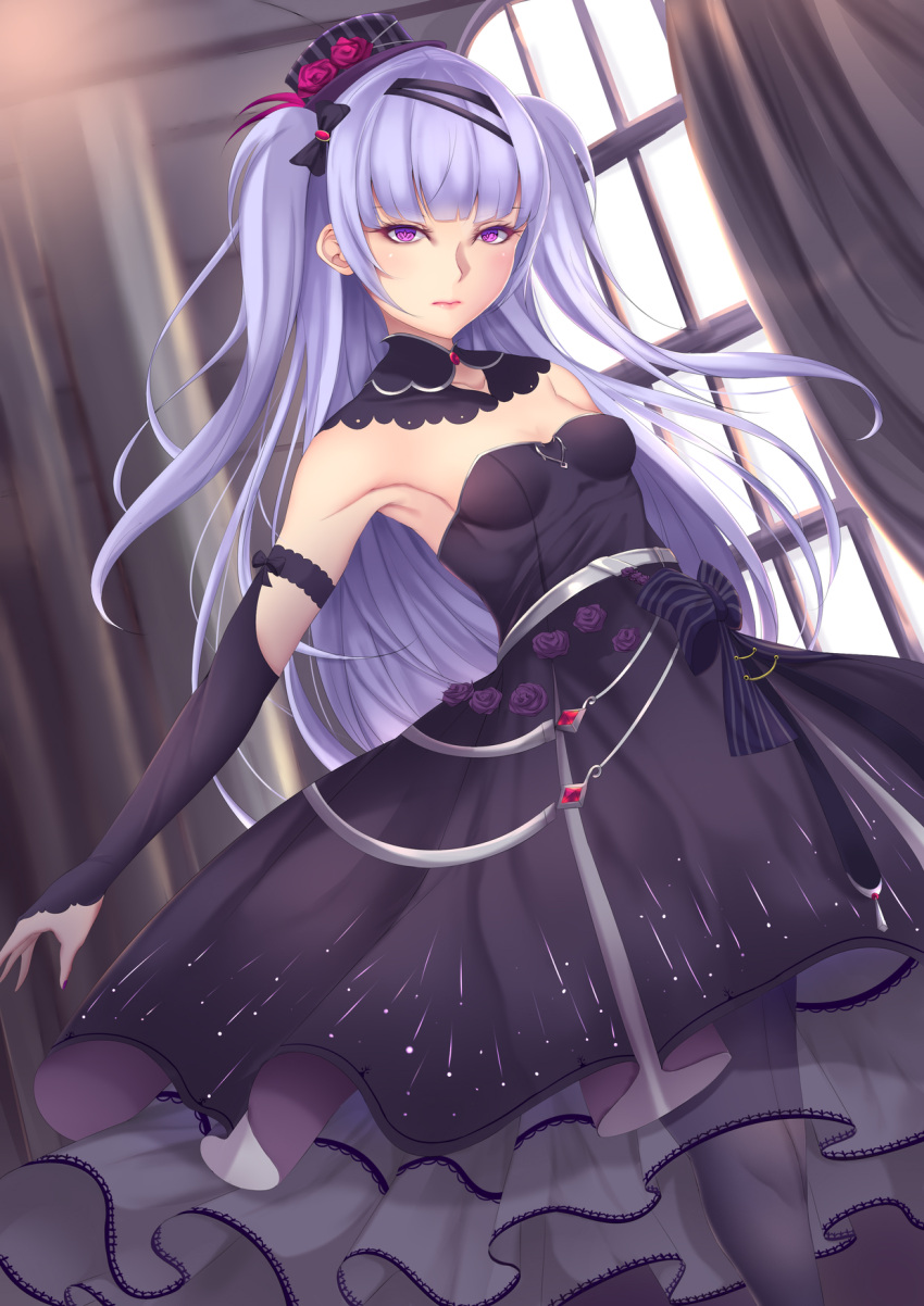 1girl ajax_(azur_lane) alcohol alternate_costume azur_lane bangs bare_shoulders black_bow black_dress black_footwear black_hat blush bow breasts bridal_gauntlets cowboy_shot curtains day dress eyebrows_visible_through_hair floating_hair flower hair_bow hat hat_flower head_tilt highres indoors long_hair long_sleeves mini_hat mini_top_hat pantyhose parted_lips purple_flower purple_hair purple_legwear purple_rose rose shiro_usagi small_breasts smile strapless strapless_dress striped tilted_headwear top_hat tsurime two_side_up vertical-striped_hat vertical_stripes very_long_hair violet_eyes window wine