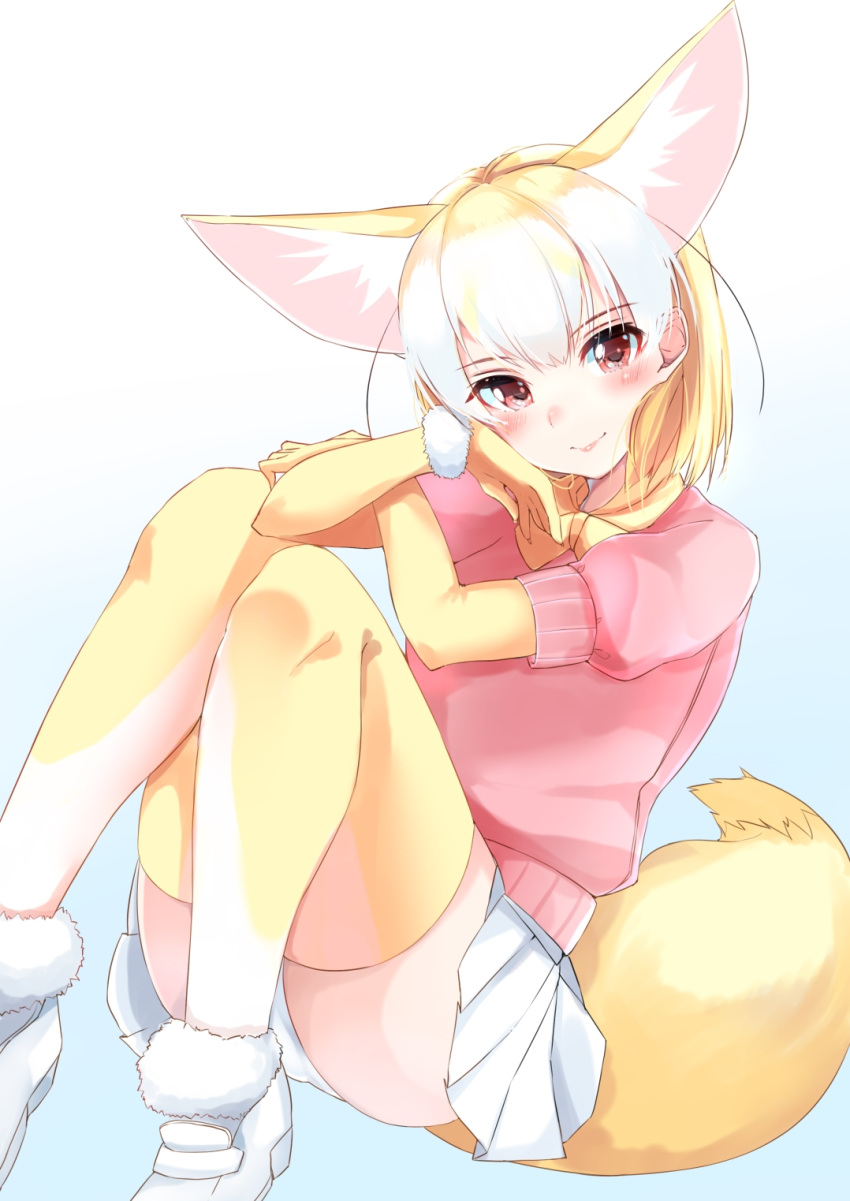 1girl animal_ear_fluff animal_ears blonde_hair blush bow bowtie commentary_request crossed_arms eyebrows_visible_through_hair fennec_(kemono_friends) fox_ears fox_tail full_body highres kemono_friends kinou_no_shika knees_on_chest multicolored_hair pleated_skirt puffy_short_sleeves puffy_sleeves short_hair short_sleeves sitting skirt solo sweater tail thigh-highs white_hair zettai_ryouiki