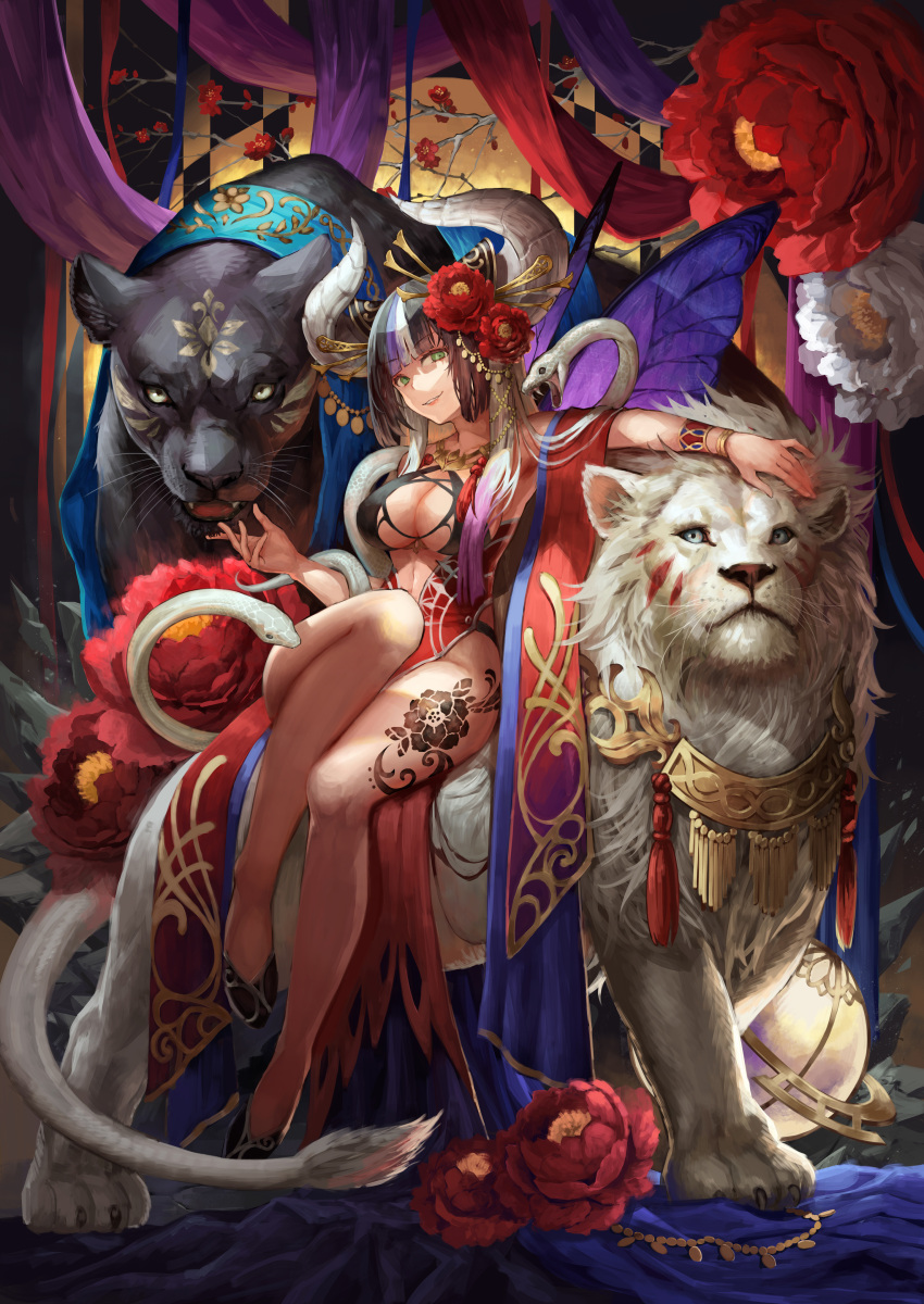 1girl absurdres breasts cleavage dress flower green_eyes hair_flower hair_ornament hairpin highres horns large_breasts lion looking_at_viewer original pelvic_curtain sitting snake tamarashi thigh_tattoo