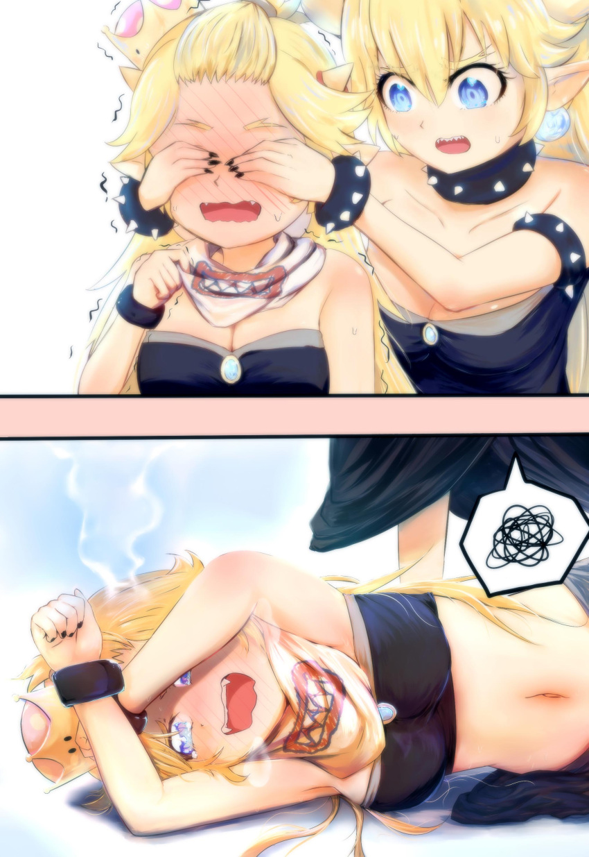 2girls absurdres bandeau bangs bangs_pinned_back bare_shoulders bib black_dress black_nails black_skirt blonde_hair blue_eyes blush bowsette bowsette_jr. bracelet breasts brooch collar collarbone comic commentary_request covering_another's_eyes crown dress earrings fangs full-face_blush hair_between_eyes highres horns icarus_(2010741) jewelry long_hair super_mario_bros. medium_breasts mother_and_daughter multiple_girls nail_polish navel new_super_mario_bros._u_deluxe nintendo open_mouth pointy_ears sharp_teeth skirt spiked_armlet spiked_bracelet spiked_collar spikes spoken_squiggle squiggle steam stomach strapless strapless_dress super_crown super_mario_bros. sweat teeth tilted_headwear trembling wavy_mouth