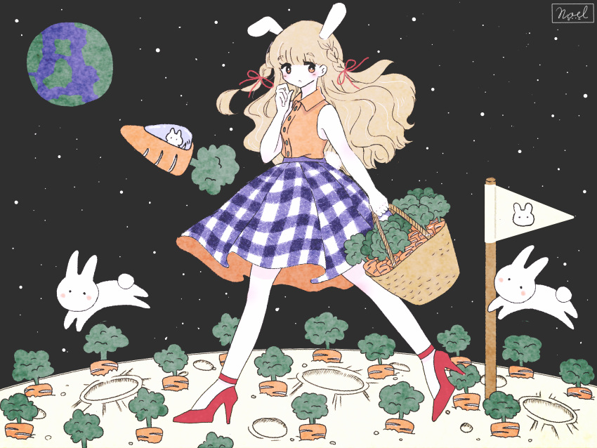 1girl absurdres animal animal_ears artist_name bag bangs blunt_bangs braid bunny_girl carrot collared_shirt crater earth eyebrows_visible_through_hair eyes_visible_through_hair flag food hand_up high_heels highres light_brown_hair long_hair looking_back moon moon_rabbit night night_sky noeru_(noellemonade) orange_eyes orange_shirt original pale_skin parted_lips plaid plaid_skirt rabbit rabbit_ears red_footwear shirt signature skirt sky sleeveless solo space_craft star_(sky) starry_sky twin_braids vegetable