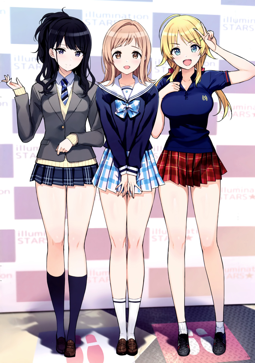 3girls :d absurdres ahoge arm_up bangs between_legs black_footwear black_hair black_legwear blazer blonde_hair blue_bow blue_eyes blue_neckwear blue_serafuku blue_shirt blue_skirt blush bow bowtie breasts brown_eyes brown_footwear cardigan checkered checkered_wall collarbone collared_shirt diagonal_stripes eyebrows_visible_through_hair full_body grey_jacket group_name hachimiya_meguru hair_ornament hairclip hand_between_legs hand_on_own_chest hand_on_own_stomach hand_up highres idolmaster idolmaster_shiny_colors jacket kazano_hiori kneehighs large_breasts light_brown_hair loafers long_hair long_sleeves looking_at_viewer low_twintails miniskirt mole mole_under_mouth multiple_girls necktie ootomo_takuji open_hand open_mouth plaid plaid_neckwear plaid_skirt pleated_skirt polo_shirt ponytail red_skirt sailor_collar sakuragi_mano school_uniform serafuku shadow shirt shoes short_sleeves skirt smile sneakers socks standing star star_hair_ornament step_and_repeat striped striped_neckwear sweater tareme thigh_gap twintails v v-neck wavy_hair white_legwear white_sailor_collar white_shirt yellow_sweater