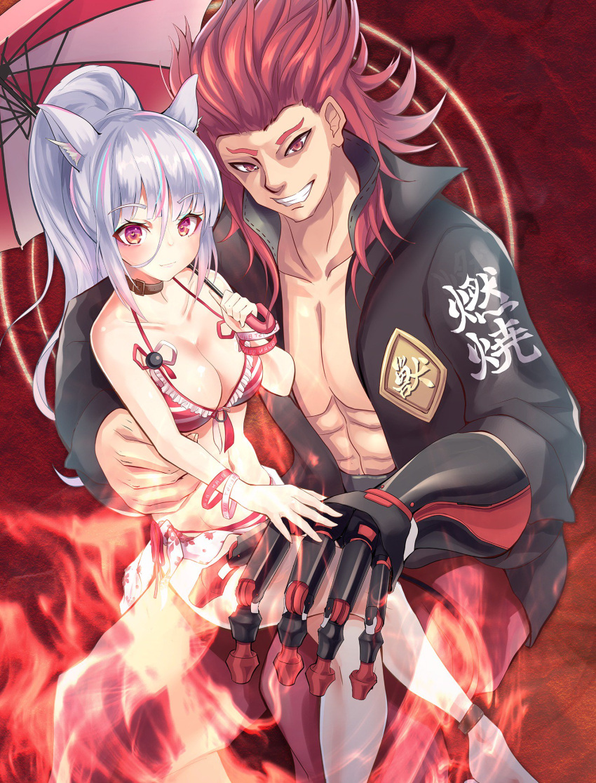 1boy 1girl animal_ear_fluff animal_ears bare_shoulders bikini black_jacket breasts cleavage closed_mouth collarbone commentary_request fire frilled_bikini frills grin hamalu high_ponytail highres holding holding_umbrella jacket looking_at_viewer mechanical_arm medium_breasts navel original ponytail red_eyes redhead side-tie_bikini silver_hair sitting sitting_on_lap sitting_on_person smile striped striped_bikini swimsuit translated umbrella