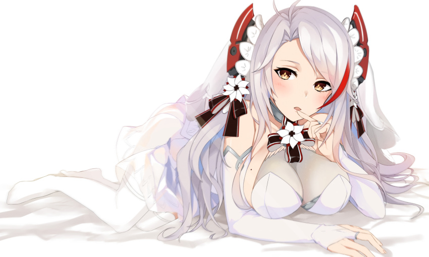 1girl alternate_costume antenna_hair azur_lane bangs blush breasts bridal_gauntlets bridal_veil cleavage collarbone dress eyebrows_visible_through_hair floa4174 gloves hair_between_eyes hair_ornament hair_ribbon halterneck headgear highres large_breasts long_hair looking_at_viewer lying mole mole_on_breast multicolored_hair on_stomach open_mouth prinz_eugen_(azur_lane) redhead ribbon see-through silver_hair simple_background smile solo streaked_hair thigh-highs thighs two_side_up veil very_long_hair wedding_dress white_background white_dress white_gloves white_legwear