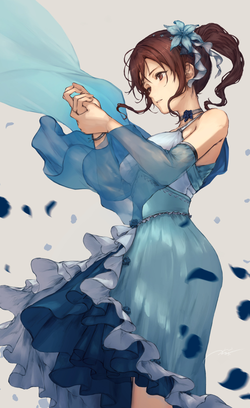 1girl absurdres bangle bare_shoulders blue_dress blue_flower bracelet brown_eyes brown_hair choker detached_sleeves dress feet_out_of_frame flower flower_ornament frilled_dress frills hair_flower hair_ornament highres idolmaster idolmaster_cinderella_girls jewelry kouzuki_kei long_hair mifune_miyu own_hands_together parted_lips petals ponytail see-through sidelocks signature simple_background solo wide_sleeves