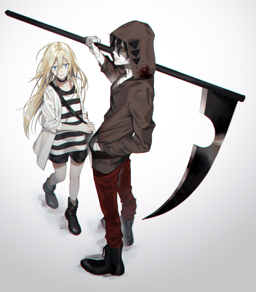 1boy 1girl absurdres bandage black_hair blonde_hair blue_eyes boots choker hair_between_eyes hand_in_pocket highres hood isaac_foster long_hair rachel_gardner satsuriku_no_tenshi scythe shirt shorts simple_background striped striped_shirt vient