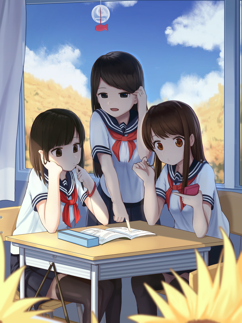 3girls absurdres adjusting_hair black_eyes black_hair black_legwear brown_eyes brown_hair chair closed_mouth day desk flower highres indoors long_hair looking_at_another looking_away multiple_girls neckerchief parted_lips pointing red_neckwear school_uniform serafuku short_hair sitting standing sunflower thigh-highs wind_chime window wnehdrl
