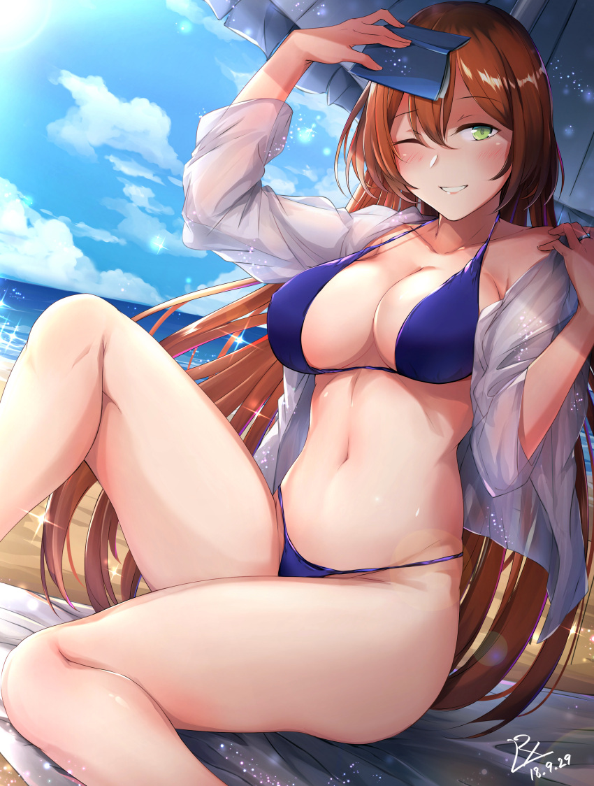 1girl absurdres alternate_costume alternate_hairstyle anvel bangs bare_shoulders beach bikini blue_bikini blue_sky blush book breasts brown_hair cleavage clouds collarbone dated eyebrows_visible_through_hair girls_frontline green_eyes groin hair_between_eyes hair_ribbon hair_rings highres holding holding_book jewelry large_breasts long_hair looking_at_viewer m1903_springfield_(girls_frontline) ocean one_eye_closed open_book open_mouth ponytail ribbon ring sand see-through shade shirt sidelocks sidleocks signature sitting sky smile solo sparkle stomach swimsuit thighs wedding_band white_shirt zhishi_ge_fangzhang