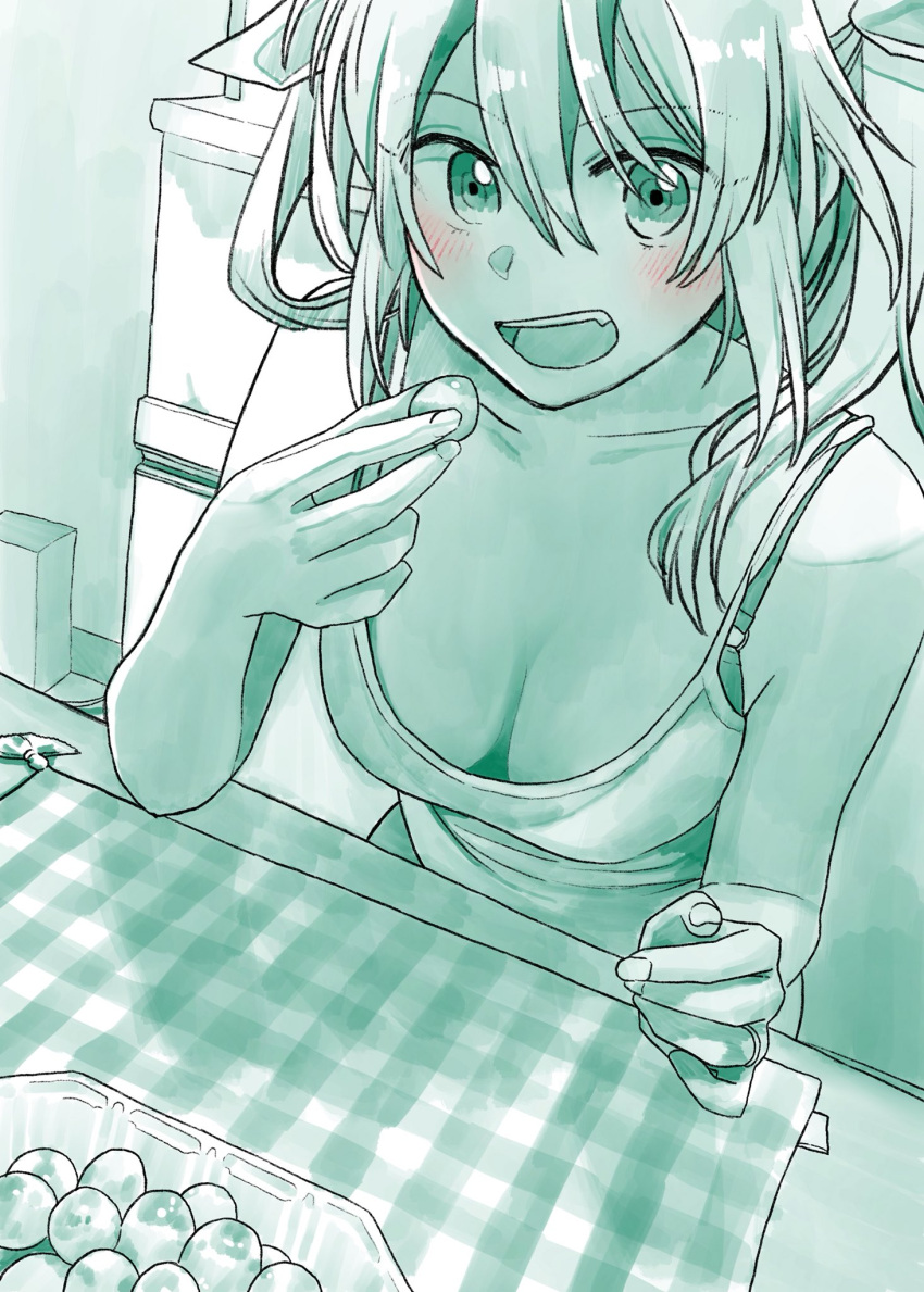 1girl :d bare_arms bare_shoulders blush bow bra_strap breasts camisole cleavage collarbone commentary_request eating eyebrows_visible_through_hair fang fingernails green hair_bow highres holding jewelry kantai_collection looking_at_viewer medium_breasts monochrome open_mouth ring sitting smile solo table tone_(kantai_collection) two_side_up wedding_band yami_(m31)