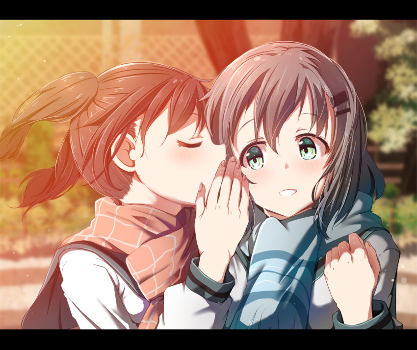 2girls bangs black_hair blue_sailor_collar blue_scarf blurry blurry_background blush brown_hair brown_scarf chain-link_fence closed_eyes commentary_request depth_of_field eyebrows_visible_through_hair fence fingernails green_eyes hair_between_eyes hair_ornament hairclip hand_up head_tilt highres kuraue_hinata letterboxed long_hair long_sleeves mad_(hazukiken) multiple_girls outdoors profile sailor_collar scarf school_uniform serafuku shirt sunset tree twintails whispering white_shirt yama_no_susume yukimura_aoi