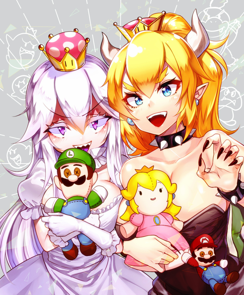 2girls bangs bare_shoulders black_nails blonde_hair blue_earrings boo bowser_jr. bowsette bracelet breast_press breasts brooch cabbie_hat character_doll choker cleavage collar collarbone colored_eyelashes commentary_request crown doll doll_hug dress elbow_gloves eyebrows_visible_through_hair facial_hair fangs fingernails frilled_dress frilled_gloves frills gloves gradient_clothes gradient_gloves gradient_hair green_shirt grey_background hair_between_eyes hat highres holding holding_doll horns jewelry king_boo large_breasts lavender_dress lavender_gloves lavender_hair light_blue_eyes long_hair long_ponytail long_sleeves looking_at_viewer luigi mario super_mario_bros. maronie. multicolored_hair multiple_girls mustache nail_polish new_super_mario_bros._u_deluxe nintendo open_mouth overalls patterned_background pink_dress princess_king_boo princess_peach puffy_short_sleeves puffy_sleeves purple_pupils purple_tongue red_pupils red_shirt reflective_eyes shapes sharp_fingernails sharp_teeth shiny shiny_hair shiny_skin shirt short_eyebrows short_sleeves sidelocks spiked_bracelet spiked_collar spikes super_crown tareme teeth thick_eyebrows triangle tsurime very_long_hair violet_eyes white_choker white_dress white_gloves white_hair
