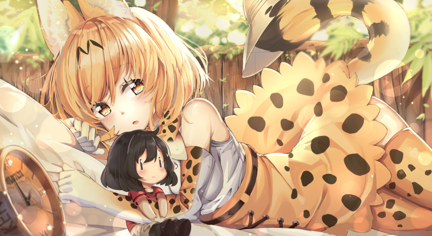 1girl absurdres animal_ear_fluff animal_ears animal_ears_(artist) bare_shoulders belt black_hair blonde_hair blush clock commentary_request doll elbow_gloves eyebrows_visible_through_hair gloves helmet high-waist_skirt highres kaban_(kemono_friends) kemono_friends lying multicolored_hair no_hat no_headwear on_side pantyhose pith_helmet serval_(kemono_friends) serval_ears serval_print serval_tail shirt short_hair short_sleeves shorts skirt sleeveless t-shirt tail thigh-highs yellow_eyes zettai_ryouiki