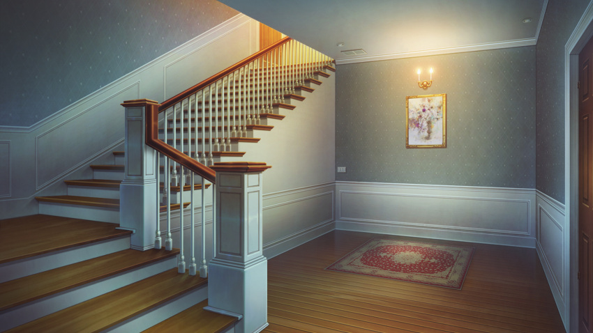 candle commentary door english_commentary highres indoors no_humans original painting_(object) railing rkmlady scenery stairs wooden_floor
